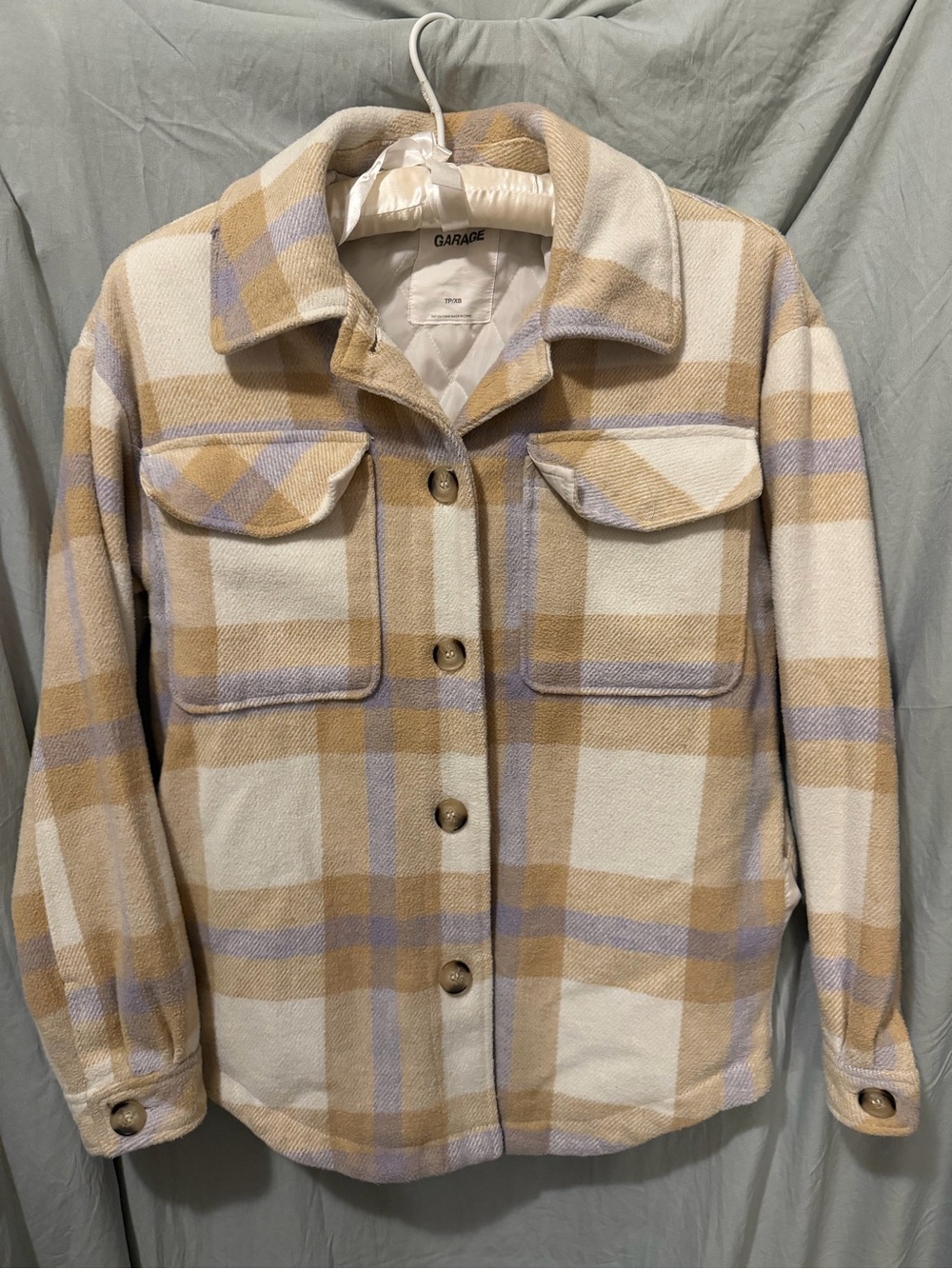 Garage Plaid Utility Jacket in Cream, Tan & Light Blue